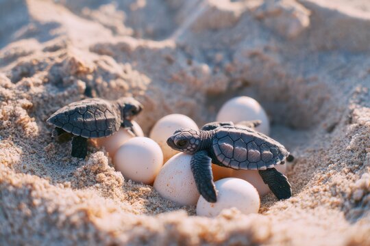 baby sea turtles hatching from eggs on beach, soft lighting, clear texture of sand and eggshells - Powered by Adobe
