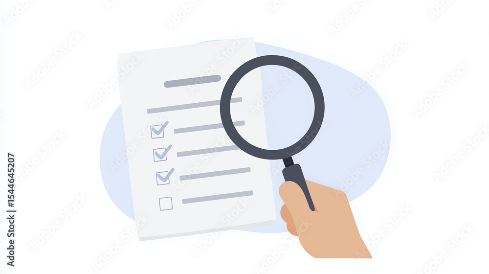 Poster hand holding magnifying glass over checklist paper with check marks, emphasizing attention to detail