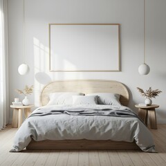Minimalist bedroom interior with wooden bed and mockup frame
