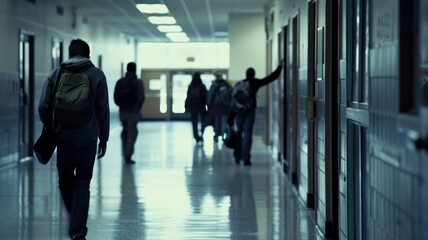 Bustling school hallway with passing students whispering and pointing fingers, while a solitary figure walks with their head down, symbolizing the alienation and ostracism faced.