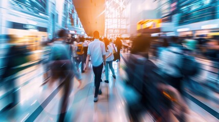 Crowded and bustling office floor with blurred figures rushing past ringing phones, and flashing screens, depicting the fast-paced and high pressure nature of modern workplaces.