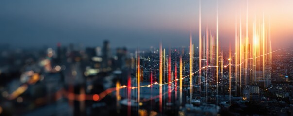 City skyline at dusk with abstract data visualization elements representing growth trends and urban development dynamics in a vibrant metropolis