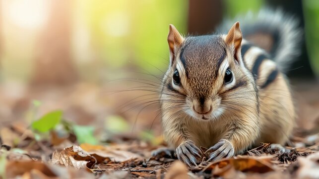 Chipmunk Foraging On Forest Floor Surrounded By Autumn Leaves. Nature And Wildlife Photography Capturing Animal Behavior