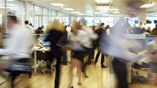 Crowded and bustling office floor with blurred figures rushing past ringing phones, and flashing screens, depicting the fast-paced and high pressure nature of modern workplaces.