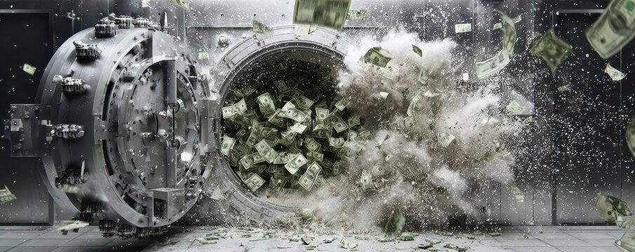 Explosion of Cash in Bank Vault with Money Flying Out Amidst Tons of Dust and Debris, Illustrating Financial Destruction and Crime Scene