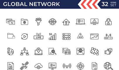 Global networking vector line icon set. Outline of communication, data, computer, network, website, connection icon collection