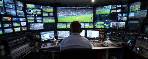 Control Room of a Broadcast Studio with Multiple Screens Showing Live Sports Coverage and Technical Equipment in Action