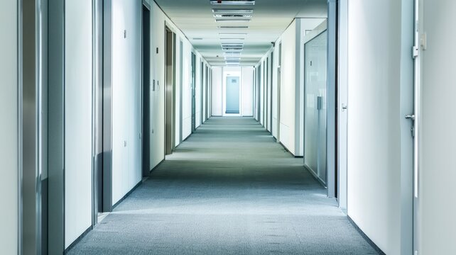 Deserted office corridor walk way with closed doors and muted colors, suggesting the isolation and mental strain experienced.