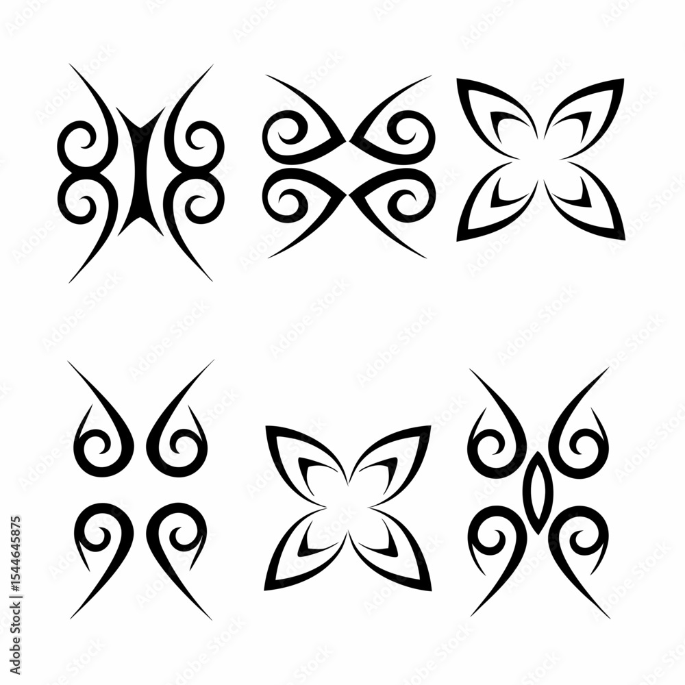Poster design a symmetrical icon pack featuring tribal-style butterflies, incorporating vibrant colors and 