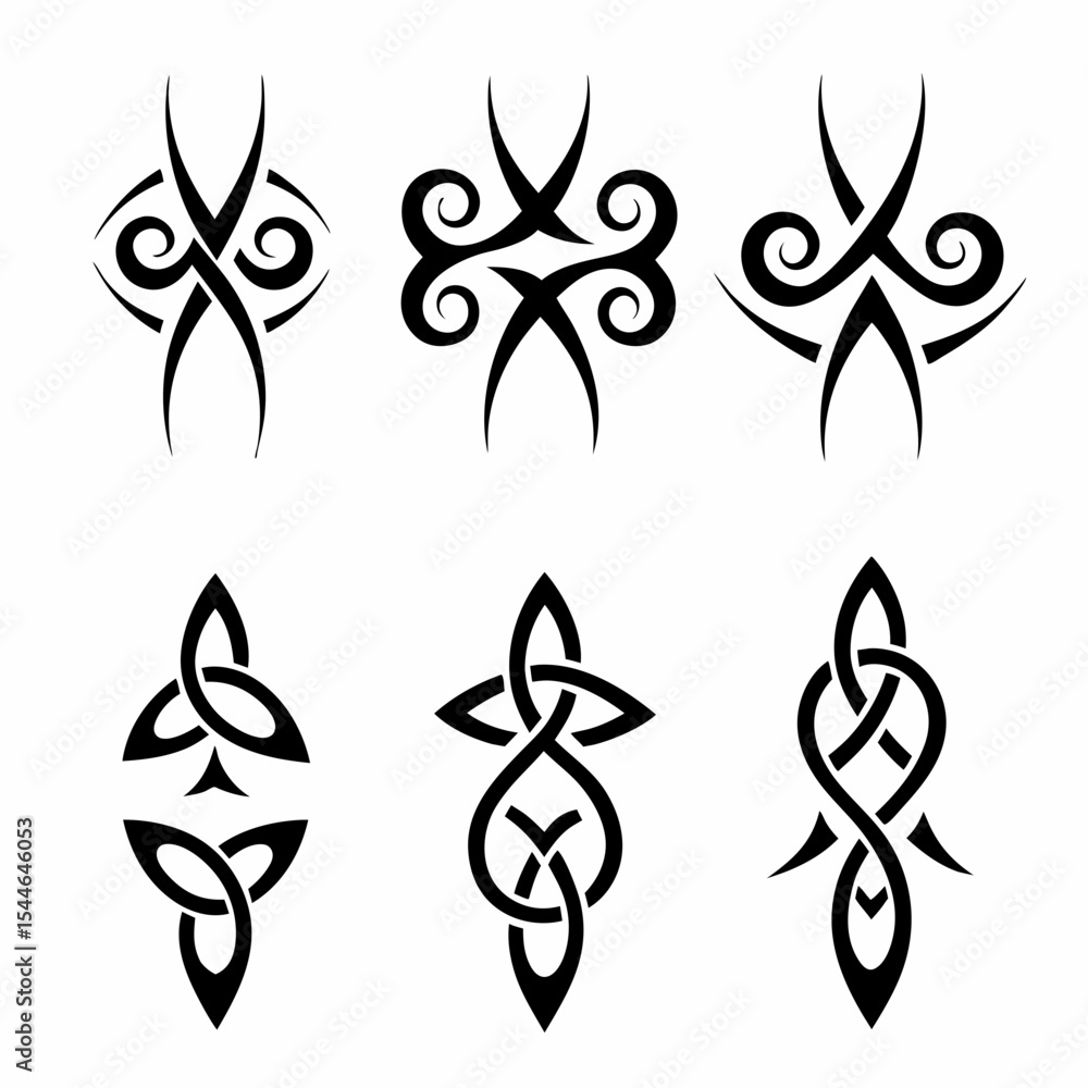Poster design a set of celtic tribal knot tattoo icons, showcasing intricate designs in various styles and 