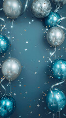 Festive balloons and confetti on teal background