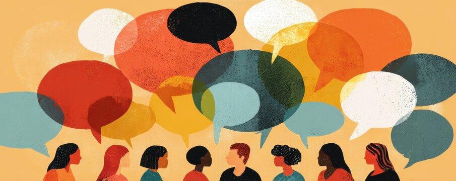 Diverse group of people engaging in conversation with colorful speech bubbles representing communication, dialogue, and connection among individuals