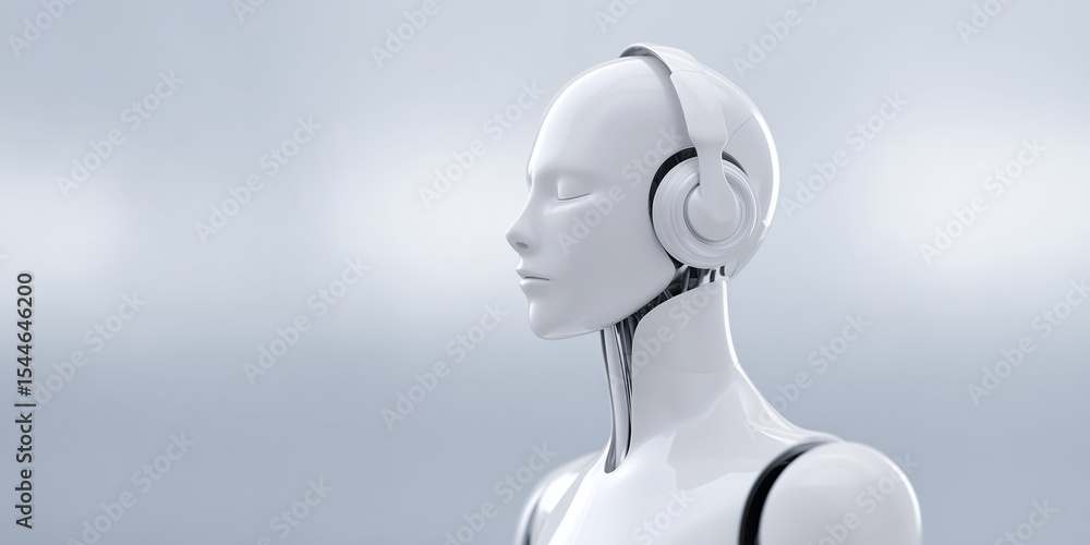 Poster futuristic humanoid robot with sleek design and headphones, showcasing advanced technology and artif