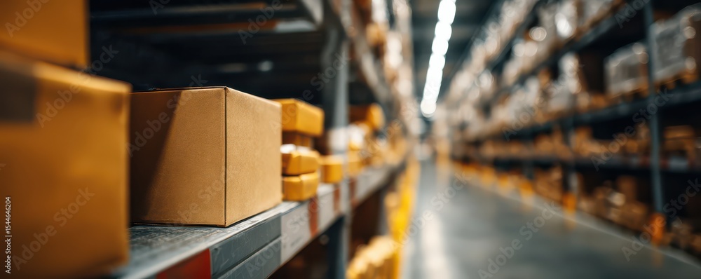 Poster cardboard boxes neatly arranged on shelves in a large warehouse with blurred background showing more