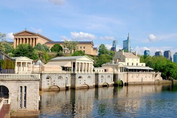 Fototapeta premium philadelphia, Fairmount Water Works, architecture, building, column, columns, landmark, classical, palace, stone, facade, city, park, water, exterior, museum, river