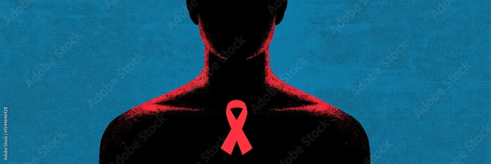 Poster visual representation highlighting signs of prostate cancer with a red ribbon and bold graphics agai