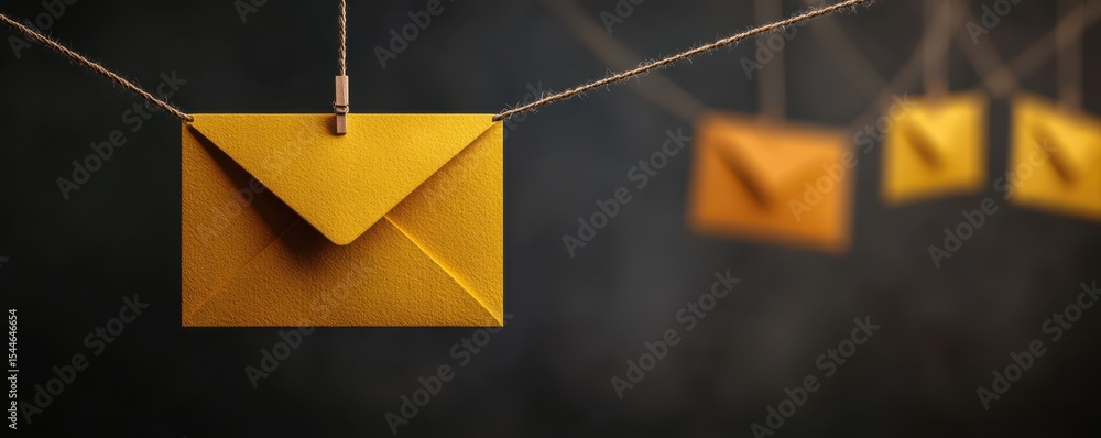 Poster yellow envelopes hanging on string with clothesline and dark background, symbolizing communication, 
