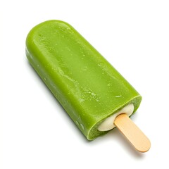 A single bright green matcha popsicle, with a perfect, pristine surface, implying its cool temperature. The mouthwatering creamy filling is hinted at just beneath the surface. Shot in a sterile, clean