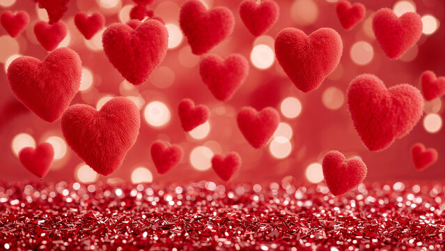 Fluffy red hearts floating on glittering red background