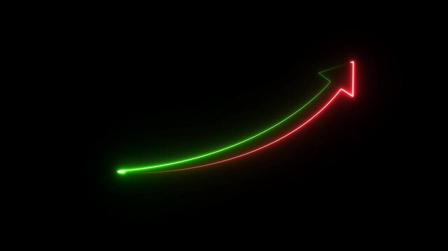 Upward arrow icon animation. neon business graph cart on black background.