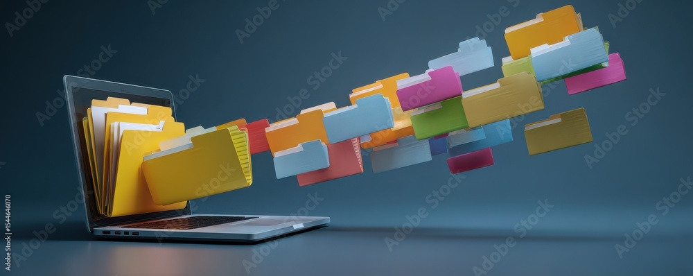 Poster flying colorful folders emitting from laptop screen representing digital file management and organiz