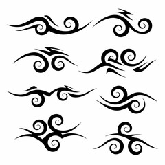 Fototapeta premium Design a set of tribal tattoo icons featuring curvy swirls, incorporating traditional Polynesian or Maori design elements. High resolution, vector format.