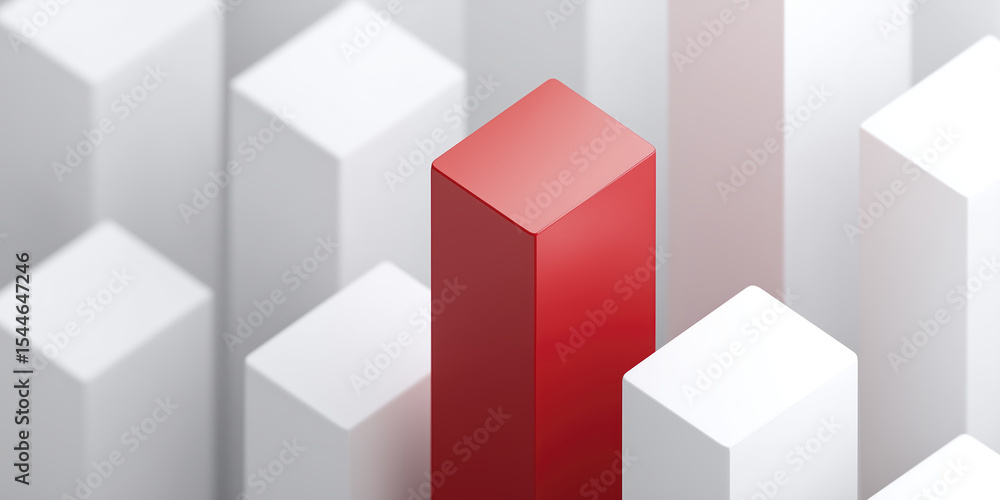 Poster red rectangular block stands out among white geometric shapes, symbolizing uniqueness and individual