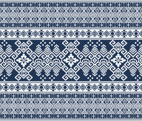 Pixel fabric pattern, abstract, ethnic, pixel style, full fabric pattern, navy blue, white for textile, cloth, clothes, curtains, carpets, pillows, vector illustration