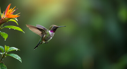 Naklejka premium Vibrant Hummingbird Flying Near Tropical Flower