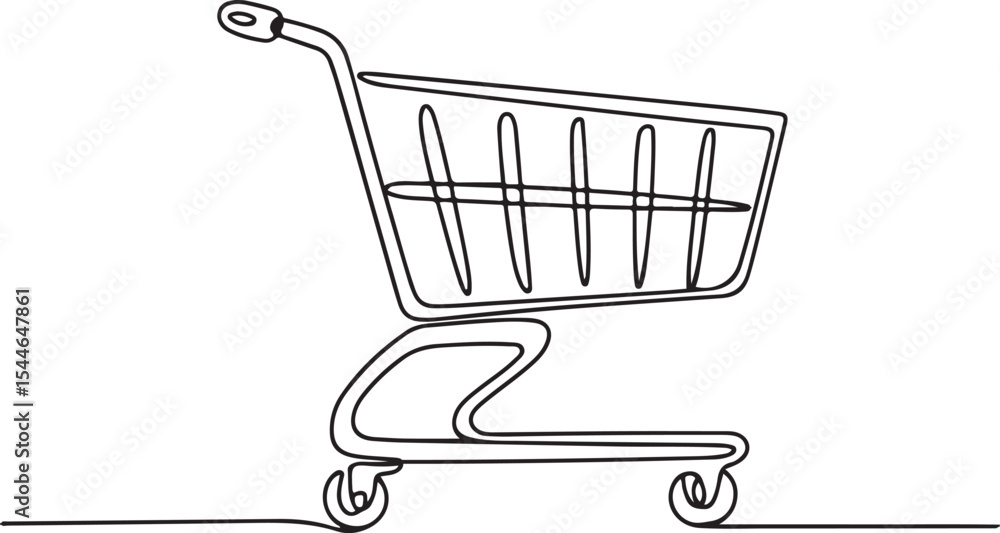 Poster continuous line drawing of a shopping cart with wire basket and wheels in side profile view