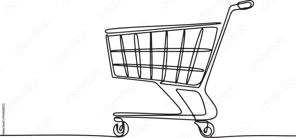Poster continuous line drawing of a shopping cart with wire basket and wheels in side profile view