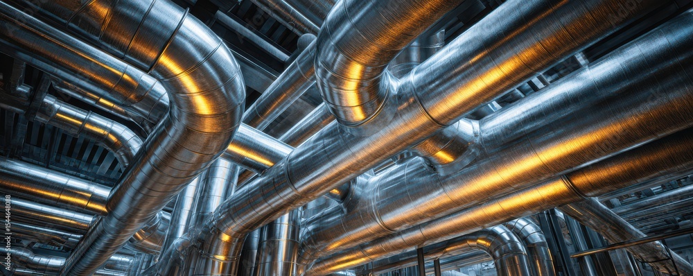 Poster intricate network of industrial pipes in metallic finish with reflections and shadows supporting mod