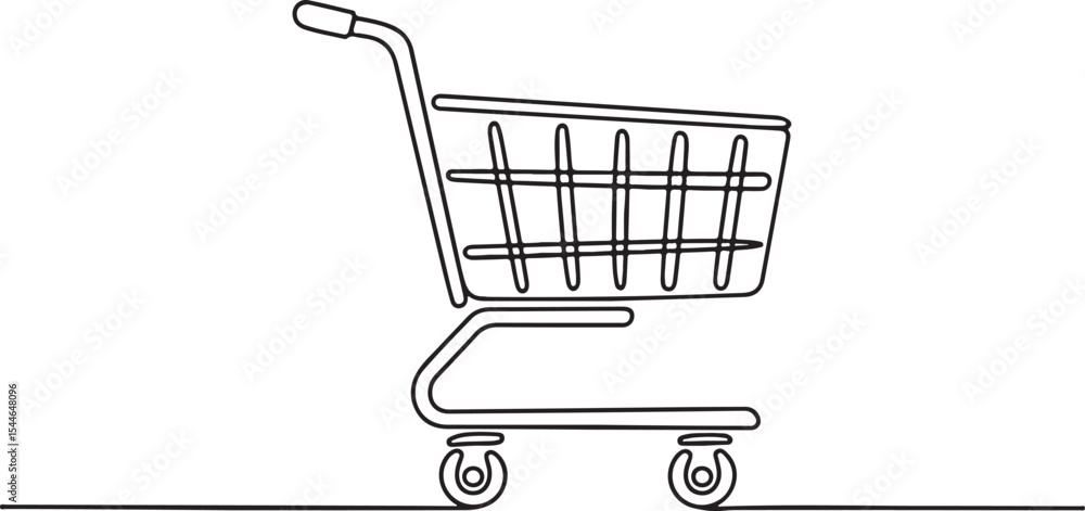 Poster continuous line drawing of a shopping cart with wire basket and wheels in side profile view