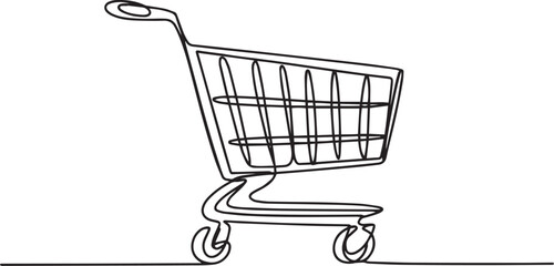 continuous line drawing of a shopping cart with wire basket and wheels in side profile view