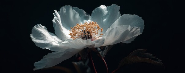 Beautiful delicate white flower with soft petals and intricate stamens, gracefully illuminated against a dark backdrop, showcasing nature's elegance and detail.