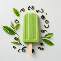 A single bright green matcha popsicle, surrounded by a scattering of fresh, vibrant green tea leaves. The mouthwatering creamy filling