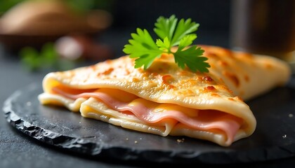 Ham & Cheese Crepe on Black Slate Plate, created with generative ai