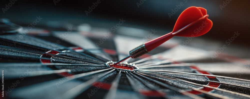 Poster dart hitting bullseye on dartboard with red flight in focus, symbolizing accuracy and precision in s