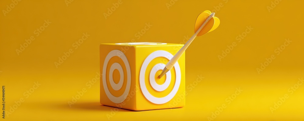 Poster yellow target cube with an arrow embedded in the bullseye on a vibrant yellow background representin
