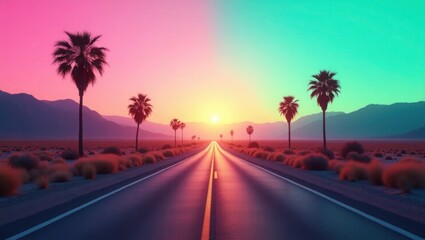 Pink and Teal Sunset Highway Palm Trees Desert Road 1