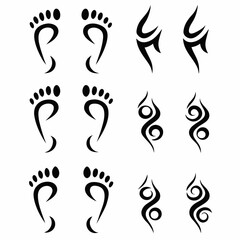 Design a set of tribal-inspired icons depicting feet and heels, showcasing diverse styles and patterns.  Include both outline and filled versions.