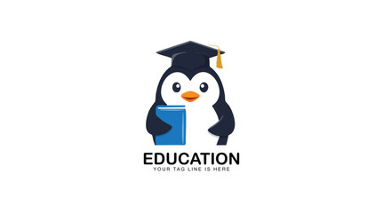 Education logo featuring a cute penguin wearing a graduation cap and holding a book, symbolizing learning and knowledge.