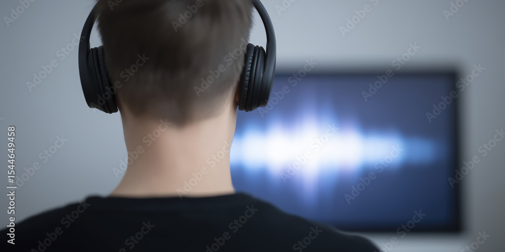 Poster young man wearing black headphones is listening to music while sitting in front of a computer screen