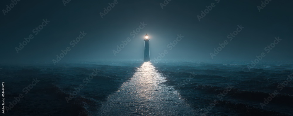 Poster mysterious lighthouse illuminating dark ocean waters at night with soft fog and reflective waves cre