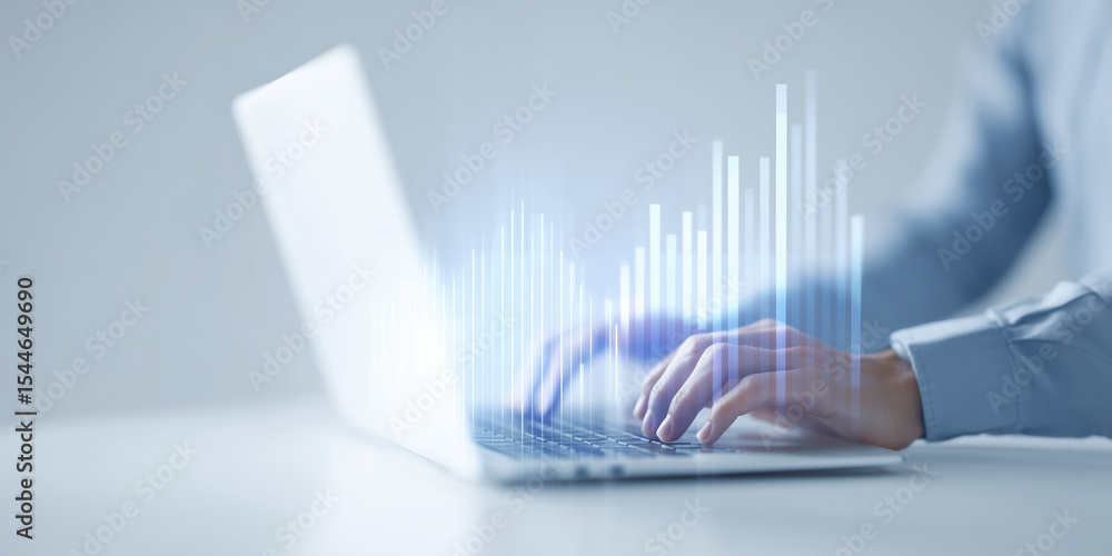 Poster hands of a business professional typing on a laptop, with digital sound wave graphics overlay, illus