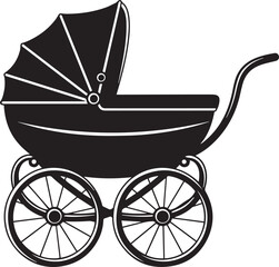 Vintage Baby Stroller Silhouette – Classic Retro Pram Design in Black and White with Large Spoked Wheels and Canopy