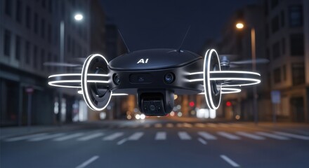 Smart AI Surveillance Pod Floating Above City Street