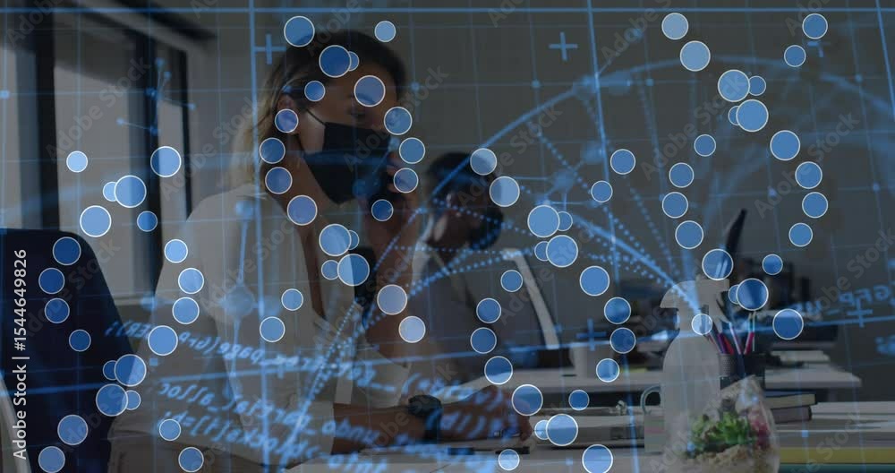 Poster woman lifting smartphone and speaking at desk generating data nodes connecting for tech analysis