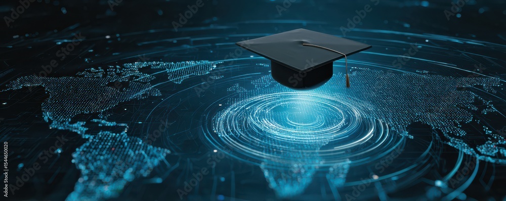 Poster graduation cap floating above a digital world map with glowing connections and data lines illustrati