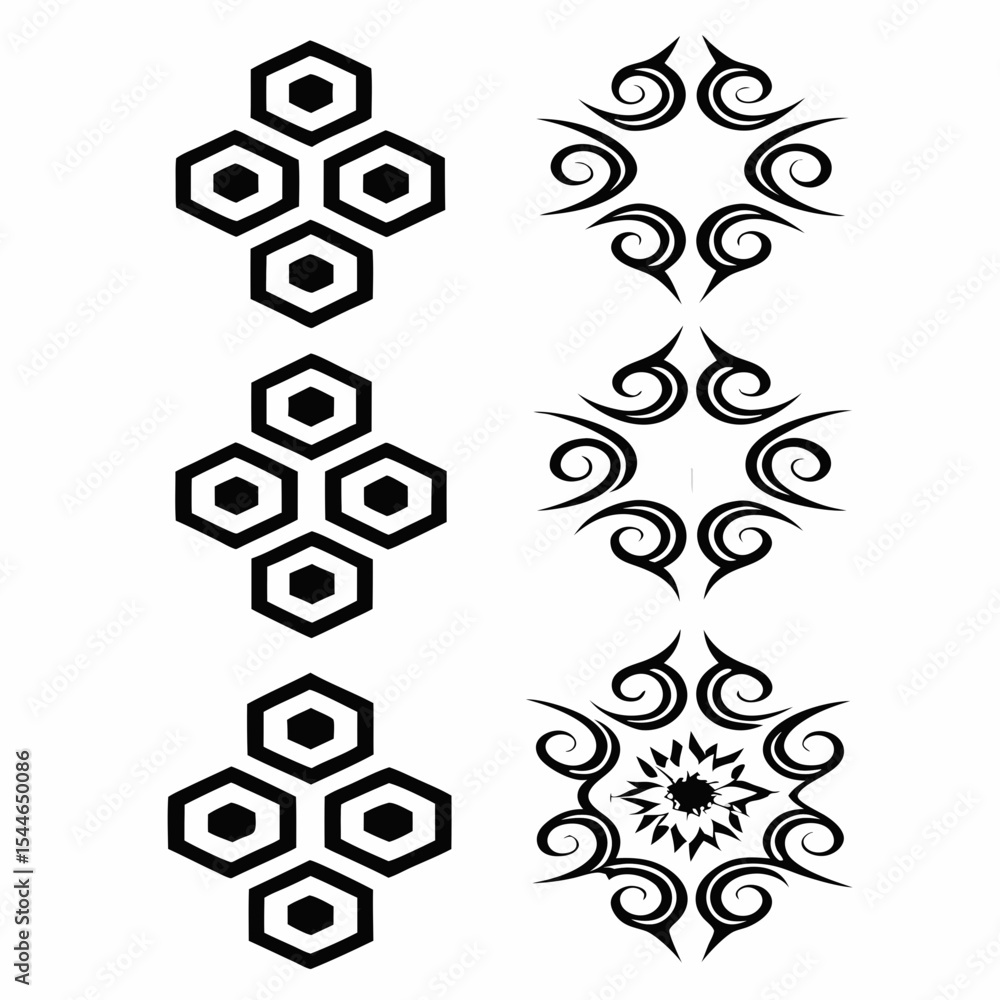 Poster design a set of unique hexagonal tribal tattoo icons, incorporating geometric patterns and symbolic 